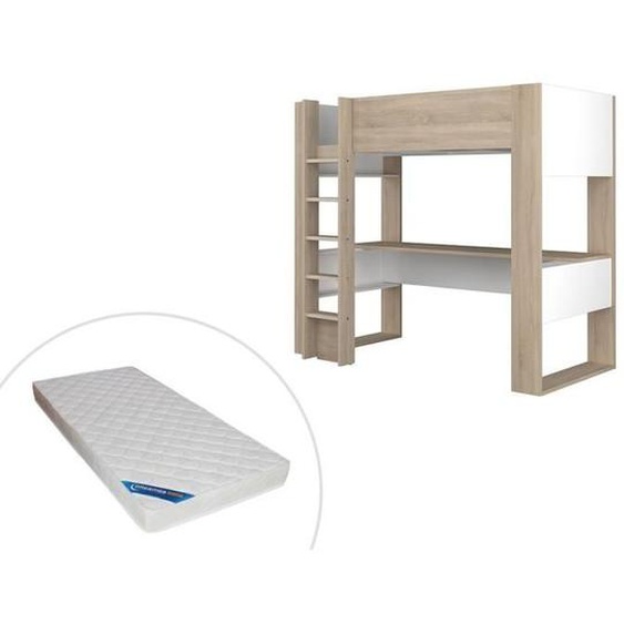 Lit mezzanine avec bureau et rangements intégrés - VENTE-UNIQUE - NOAH II - Chêne et blanc - 90x200 cm