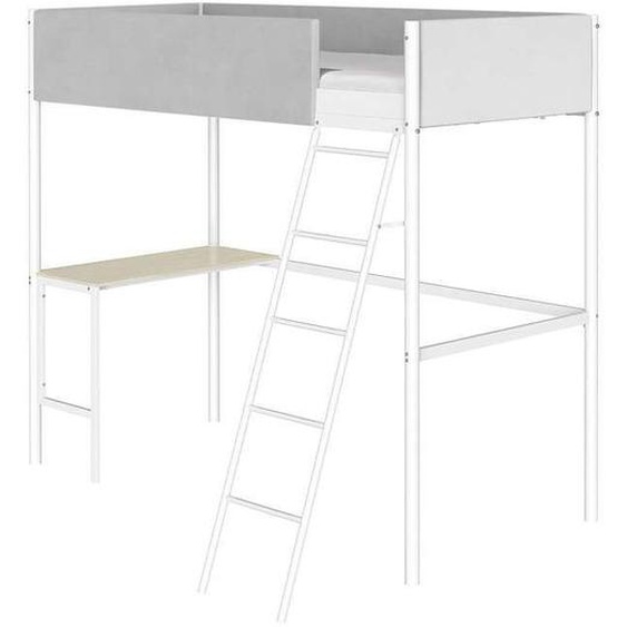 Lit mezzanine avec sommier et bureau en tissu gris clair, métal blanc et mélamine imitation chêne  - couchage 90 x 190 cm - ROZE