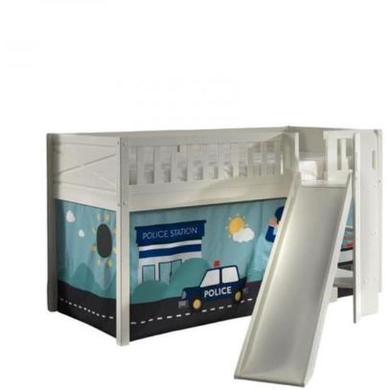 Lit Mezzanine avec Toboggan et Rideau Police - Vipack - Scott - Blanc - Bois Massif - Enfant