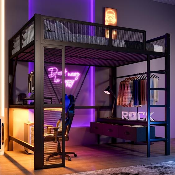 Lit mezzanine de jeu en métal 140 x 200 cm avec port USB, éclairage LED, bureau, armoire ouverte et 3 tiroirs à linge, station de jeu et de sommeil multifonctionnelle, noir
