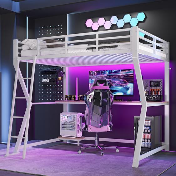 Lit mezzanine en métal 90 x 200 cm avec bureau et éclairage LED, lit superposé robuste avec escalier, prises électriques et support pour ordinateur, style industriel, blanc