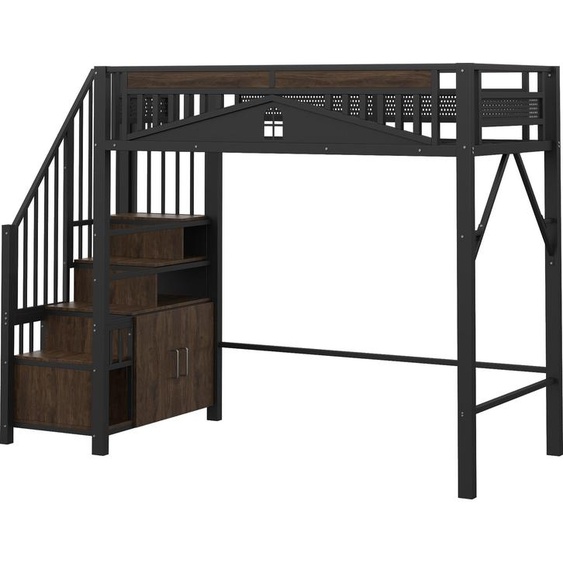 Lit mezzanine en métal, avec barrière de sécurité, design avec fenêtre, escalier, espace de rangement, armoire, dimensions 90 x 200 cm, couleur noire