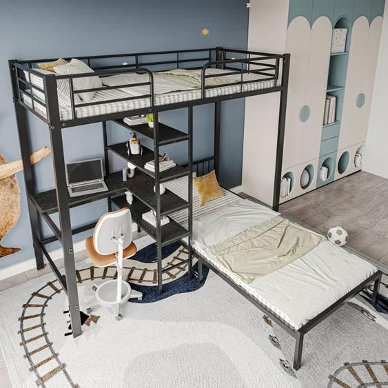 Lit mezzanine enfant 2x90x200 cm avec bureau et sommier Lit surélevé 2 places avec escaliers et étagère Lits junior,metal+ MDF,noir