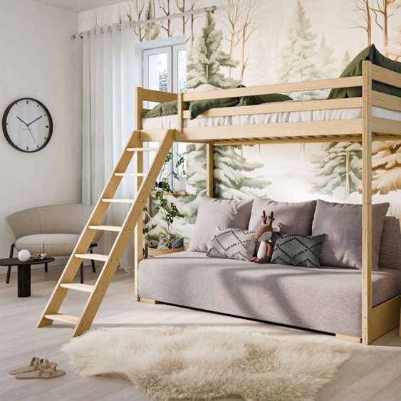 Lit mezzanine enfant 90 x 200 cm - Avec canapé convertible - Canapé lit - Avec sommier + échelle - Bois + tissu velours gris