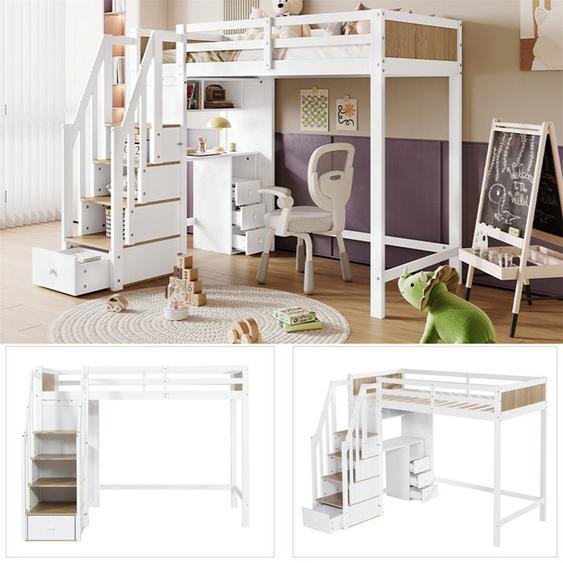 Lit Mezzanine Enfant 90x200 avec Bureau, Lit Mezzanine 1 Place avec Escalier de Rangement,étagères,Barrières Blanc et Bois Naturel