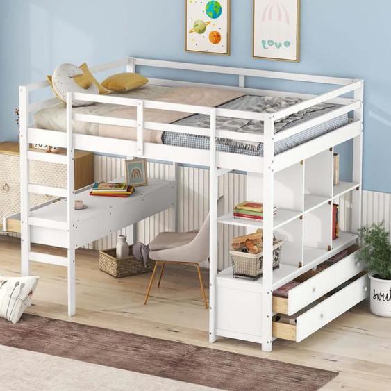 Lit mezzanine enfant avec bureau, tiroirs et étagères, cadre en pin, blanc - MODERNLUXE - 140x200cm - A lattes