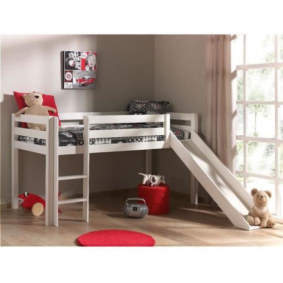 Lit mezzanine enfant avec toboggan - VIPACK - Astrid - Pin massif blanc - 90x200 cm