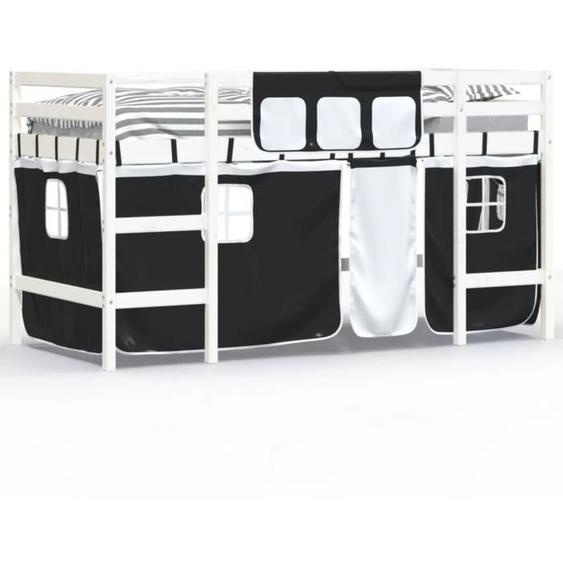 Lit mezzanine enfants - ASHATA - 90x190cm - Pin massif - Rideaux blanc/noir - 1 place