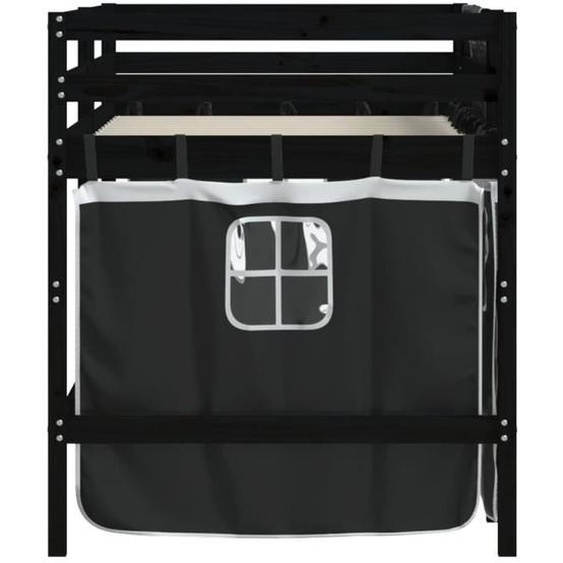 Lit mezzanine enfants - MOTHINESSTO - 90x190cm - Pin massif - Rideaux blanc-noir - 1 place