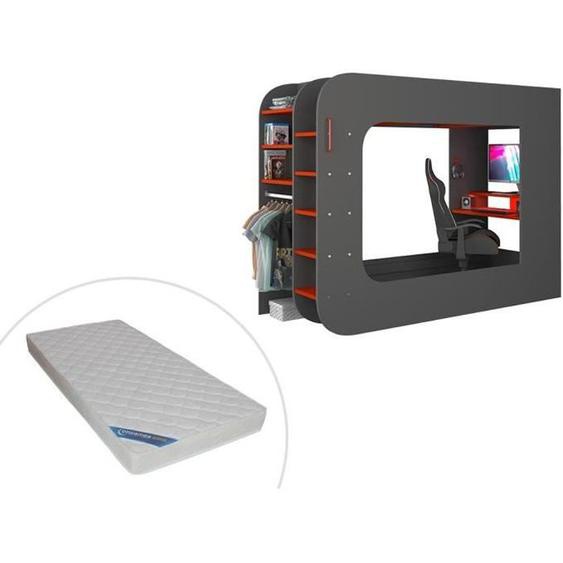 Lit mezzanine gamer 90 x 200 cm - Avec bureau et rangements - Avec LEDs - Anthracite et rouge + matelas - WARRIOR