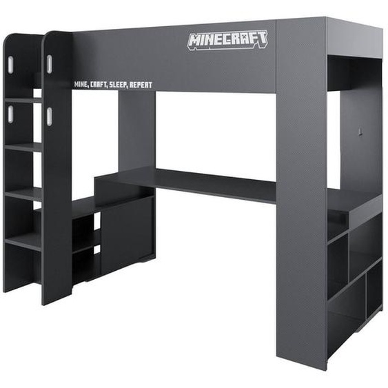 Lit Mezzanine Minecraft Avec Bureau Et Éclairage Led Noir - Effet Carbone Noir