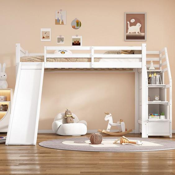 Lit mezzanine pour enfant 90*200 cm avec toboggan et échelle de rangement - Blanc