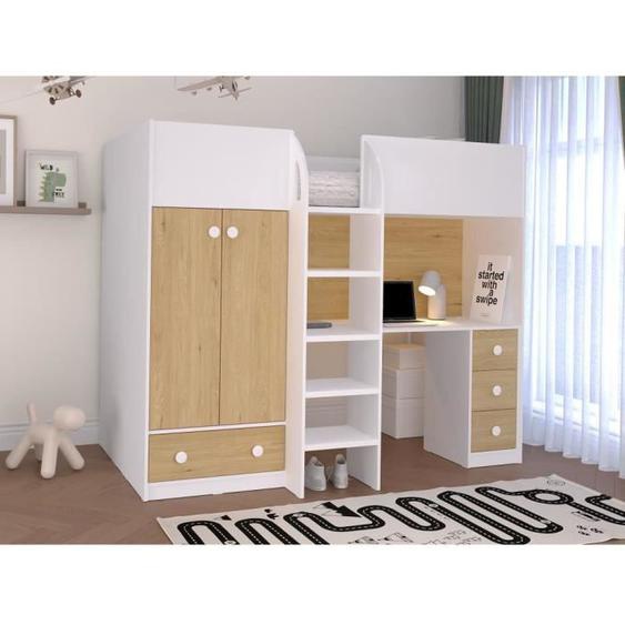 Lit mezzanine - VENTE-UNIQUE - 90x190 cm - Blanc et naturel - Avec armoire et bureau