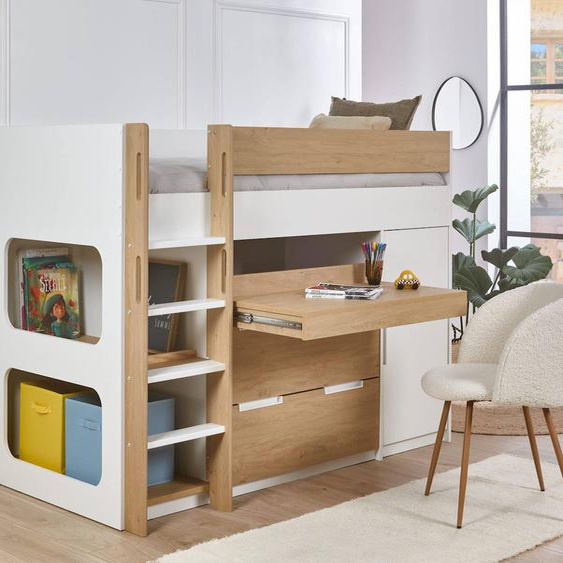 Lit Mi-hauteur Avec Bureau Et Rangement Palma Blanc & Bois