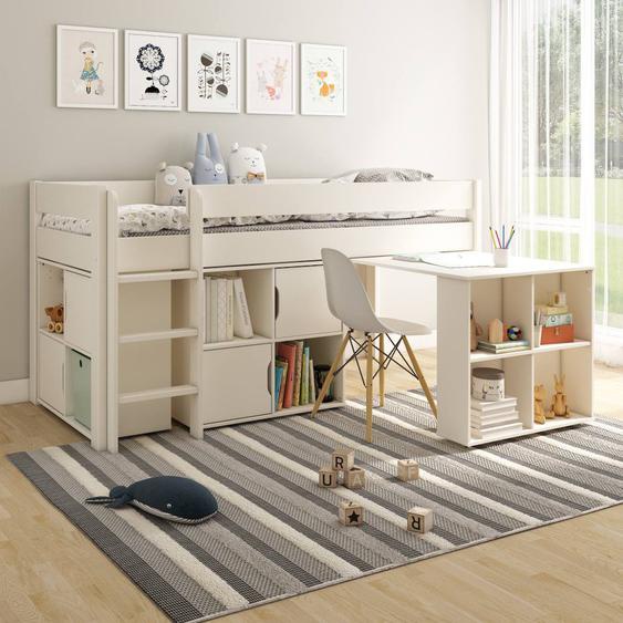 Lit Mi-hauteur Avec Bureau Et Rangements Pin Massif Arthur Blanc