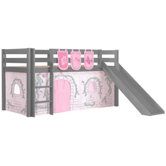 Lit mi-hauteur avec toboggan Astrid - VIPACK - Gris - 90x200 cm - Tente et sacs de rangement inclus