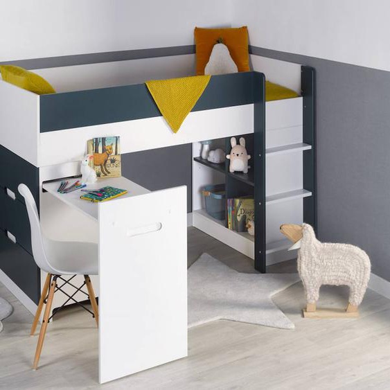 Lit Mi-hauteur Bureau & Commode Opus Blanc Et Bleu Nuit Opus