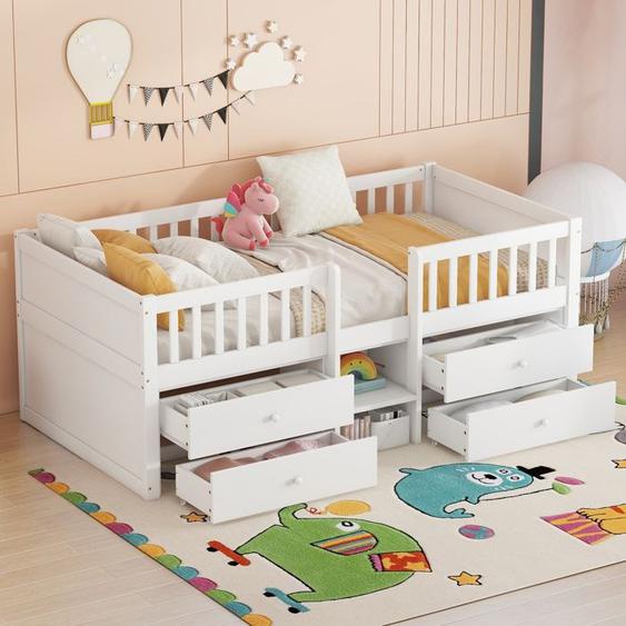 Lit mi-hauteur enfant 90x200cm Lit mezzanine en bois avec 4 tiroirs balustrade échelle et sommiers à lattes - blanc