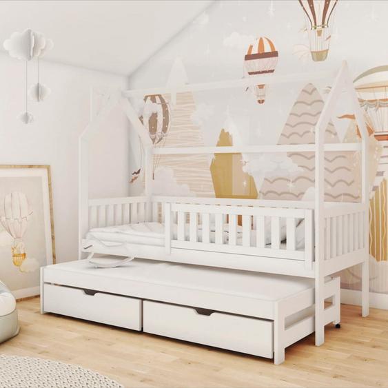 Lit MONKEY pour une chambre enfant mixte, lit gigogne - Blanc - 90 cm x 180 cm - Pin Massif