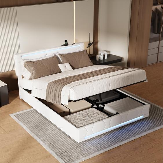 Lit Moonbite 140x190 cm, revêtement en lin beige, système de sommier à ressorts à gaz, repose-tête réglable, éclairage LED multicolore, port USB