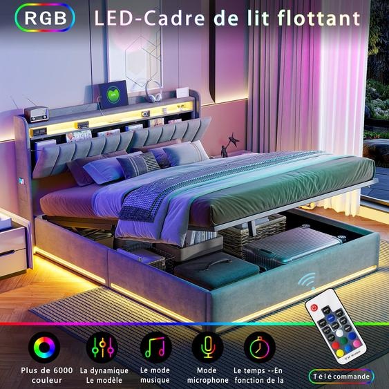 Lit Moonbite avec rangement, 140x190 cm, tissu gris – Station USB, éclairage LED réglable, grand espace de rangement en dessous