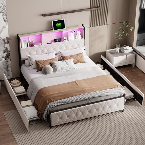 Lit Moonbite avec rangement, 140x200 cm, revêtement en velours beige, éclairage LED contrôlable par application avec mode musique, 3 compartiments à la tête de lit, ports USB et Type-C
