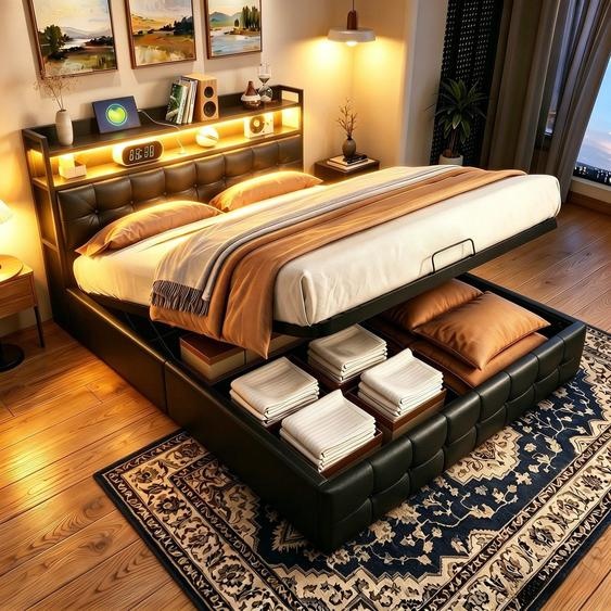 Lit Moonbite avec rangement, dimensions 140x200 cm, revêtement en polyuréthane noir, éclairage LED RGB contrôlable par application, système de sommier à lattes relevables, ports USB de type C, capacité de charge jusquà 350 kg