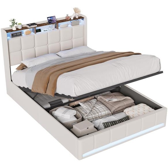 Lit Moonbite avec rangement, dimensions 160x200 cm, revêtement en lin beige, avec éclairage LED, coffre à lits à mécanisme hydraulique, ports USB et Type-C, lit double lumineux