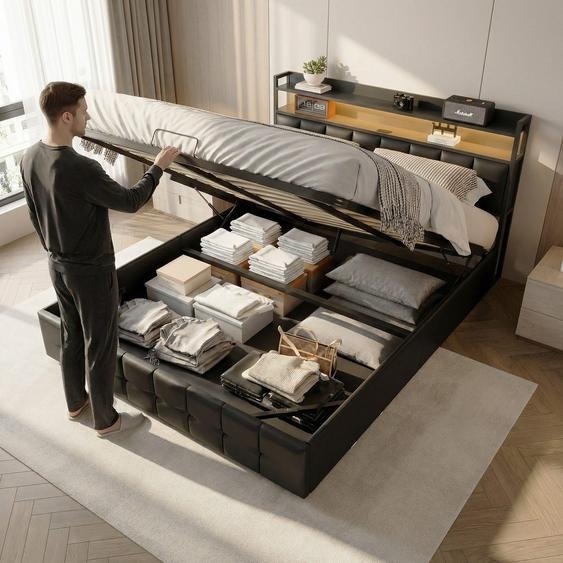 Lit Moonbite avec rangement, dimensions 160x200 cm, revêtement en polyuréthane noir, éclairage LED multicolore, port USB de type C, système de levage à gaz pour le rangement, capacité de charge jusquà 300 kg