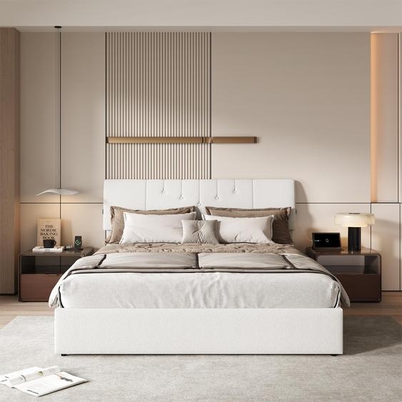 Lit Moonbite avec rangement, dimensions 160x200 cm – Structure en forme de cuve à produits laitiers, tête de lit en bouclé crème avec mécanisme relevable, cadre avec ports USB et grand espace de rangement, revêtement en bouclé, couleur crème et blanc
