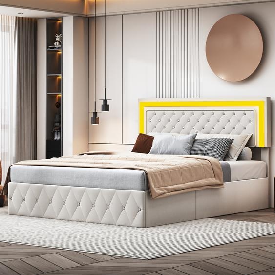 Lit Moonbite avec rangement, dimensions 160x200 cm, tissu velours beige, éclairage LED, repose-tête réglable (106-112 cm), système hydraulique, structure robuste