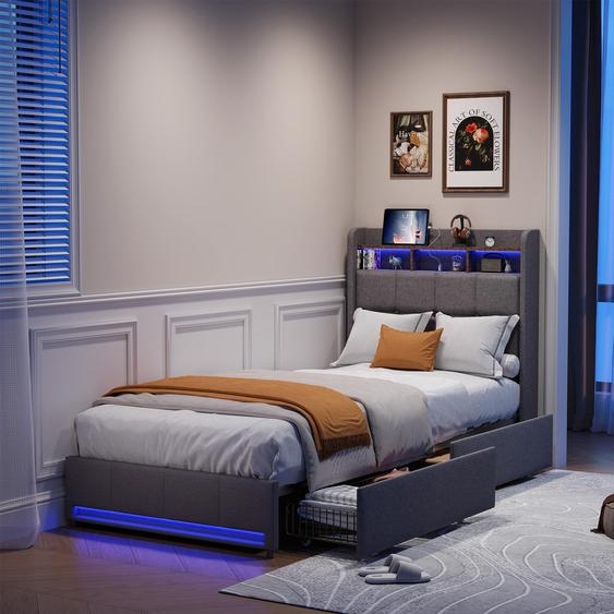Lit Moonbite avec rangement, dimensions 90x200 cm, tissu en lin gris, éclairage LED contrôlable par application, ports USB et Type-C, 2 tiroirs, tête de lit connectée