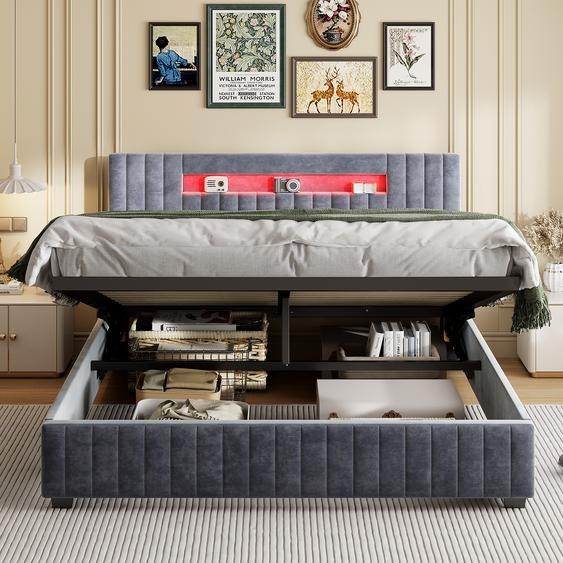 Lit Moonbite Bett 140x200 cm, tissu velours gris à rayures, éclairage LED à 7 niveaux, système hydraulique intégré et capacité de charge de 300 kg, revêtement en velours, couleur gris