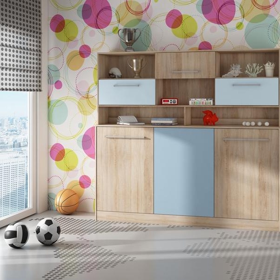 Lit mural horizontal lit-armoire ROGER 90x200 cm Lit mural pliant, lit-armoire pliant, armoire avec lit pliant intégré, lit fonctionnel SONOMA CHÊNE / BLEU (avec étagères supplémentaires)
