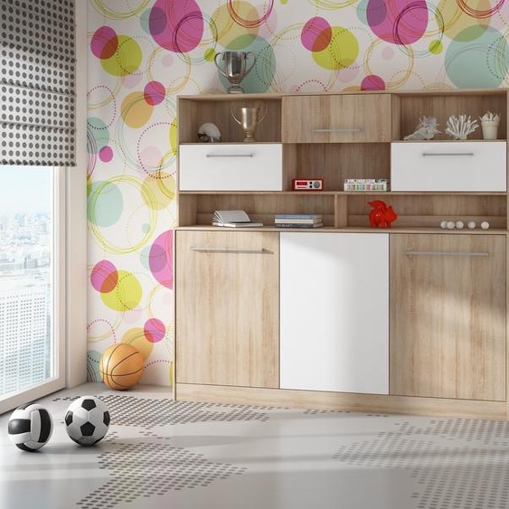 Lit mural horizontal Lit escamotable ROGER 90x200 cm Lit mural escamotable, lit escamotable armoire, armoire avec lit escamotable intégré, lit fonctionnel (SONOMA CHÊNE / BLANC (avec étagères supplémentaires)