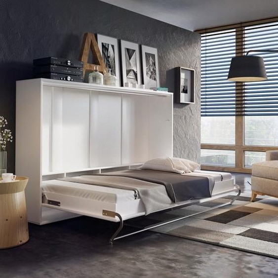 Lit mural lit-armoire CONCEPT PRO CP-05 Horizontal 120x200 BLANC MATT Lit mural pliant, lit-armoire pliant, armoire avec lit pliant intégré, lit fonctionnel avec sommier à lattes inclus