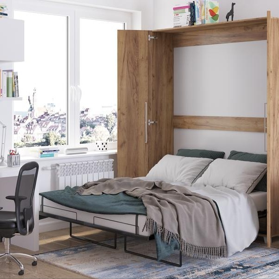 Lit mural Lit armoire TEDDY 160x200 Or Craft Chêne Vertical Lit mural pliant, lit armoire pliant, armoire avec lit pliant intégré, lit fonctionnel incl. sommier à lattes