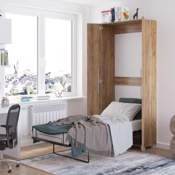 Lit mural lit armoire TEDDY 90x200 or chêne craft vertical lit mural pliant, lit armoire pliant, armoire avec lit pliant intégré, lit fonctionnel y compris sommier à lattes