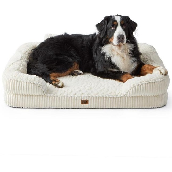 Lit orthopédique pour chien, couleur beige, dimensions 114x89x20 cm, avec support pour la nuque et housse imperméable