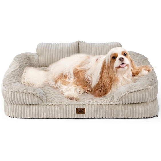 Lit orthopédique pour chien, taille moyenne, 91x68 cm. Mousse à mémoire de forme, lavable, avec dossier surélevé, imperméable, antidérapant, couleur lin