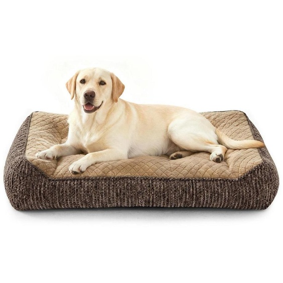 Lit orthopédique pour chiens de grande taille, ergonomique, lavable, amovible, antidérapant, avec bordure surélevée, en polaire doux à motifs de flocons de neige, dimensions : 97 x 71 x 22 cm, couleur : marron