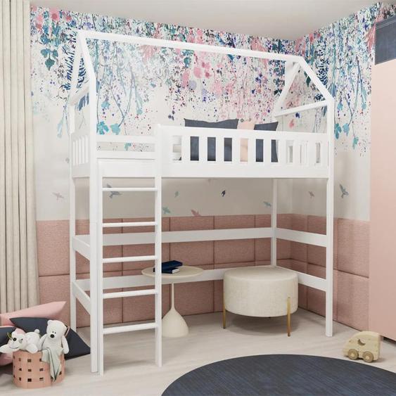 Lit OTYLIA cabane et mezzanine pour chambre enfant - Blanc - 80 cm x 160 cm - Pin Massif