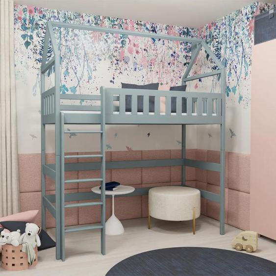 Lit OTYLIA cabane et mezzanine pour chambre enfant - Gris - 80 cm x 160 cm - Pin Massif