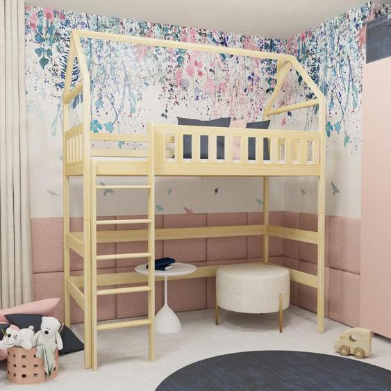 Lit OTYLIA cabane et mezzanine pour chambre enfant - Pin - 80 cm x 160 cm