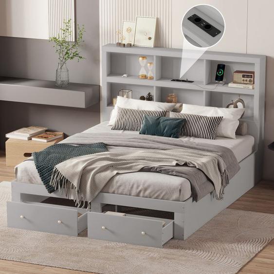 Lit plateforme double - 160x200cm - tête de lit rangement et chargement USB - 2 tiroirs - sommier à lattes - gris