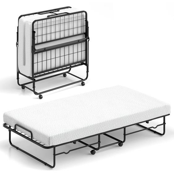 Lit Pliant 190 x 90 cm avec Matelas COSTWAY, Lit Simple avec Mousse à Mémoire de Forme, Cadre en Métal, Roulettes Verrouillables