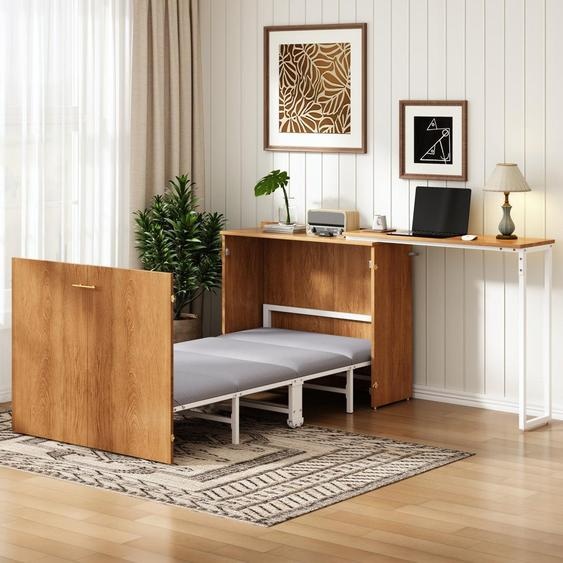 Lit pliant avec bureau pivotant et matelas, lit escamotable peu encombrant équipé de roulettes, idéal pour les petites pièces, les chambres damis et les bureaux à domicile