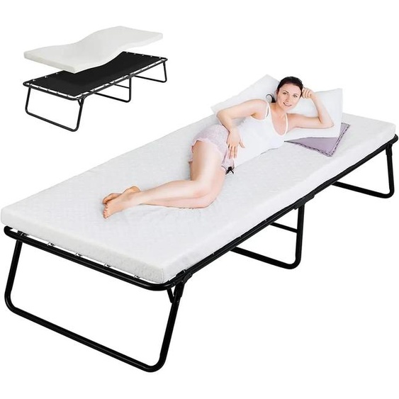 Lit pliant dappoint pour adulte - Lit simple 80 x 190 cm - Structure métallique avec dossier - Matelas en mousse à mémoire de forme de 7 cm - Pliable, sans roulettes