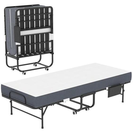 Lit pliant double 190 x 78 cm, lit dappoint, lit à roulettes avec matelas en mousse à mémoire de forme de 9,5 cm, cadre métallique robuste, sac de rangement inclus, lit pliant portable