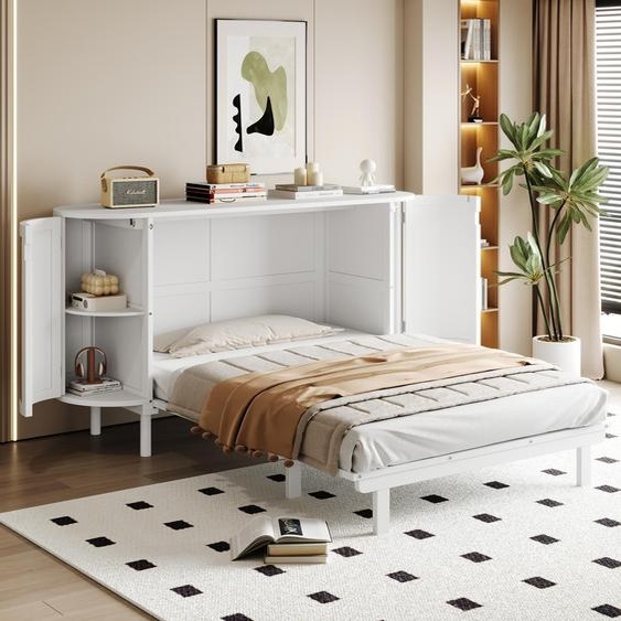 Lit pliant Flieks en rotin, lit escamotable mural avec rangements et sommier à lattes, lit pour adolescent, lit double, blanc